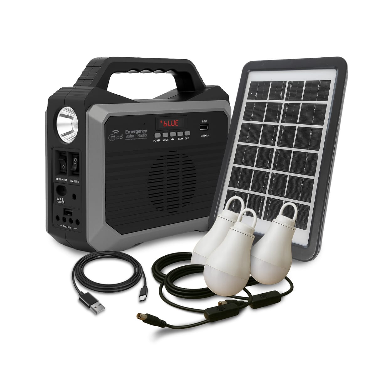Batería de Emergencia con Panel Solar + Radio + 3 Ampolletas USB/TF/BT 10.000 mAh Mlab1