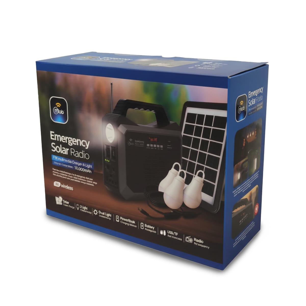 Batería de Emergencia con Panel Solar + Radio + 3 Ampolletas USB/TF/BT 10.000 mAh Mlab8