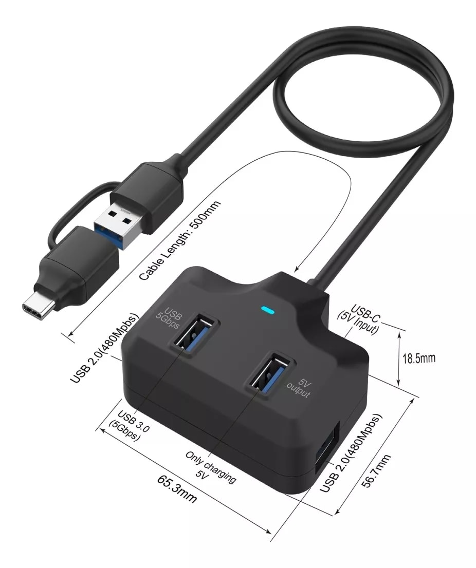 Hub 4 en 2 USB-C/USB-A de 4 Puertos USB 3.0 Onten3