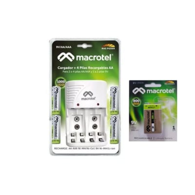 MW-338 Kit Cargador De Pilas Y Bat + Bateria Recargable 9v, 250 Mah MACROTEL