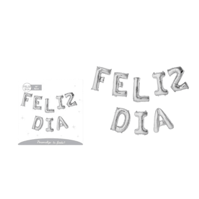 Globos metílico de letras FELIZ DÍA color plateado  para fiestas - Pack 1 unidad1