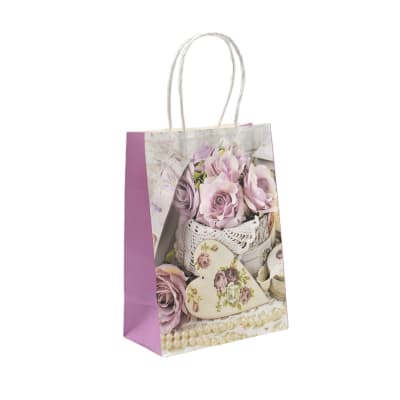 Bolsa De Papel Regalo Diseño Rosas Y Corazon Para Dama - Pack 10 Unidades