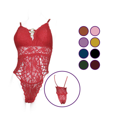 Body clásico sexy de encaje con tiras y argollas en pecho para mujer - Pack 3 unidades