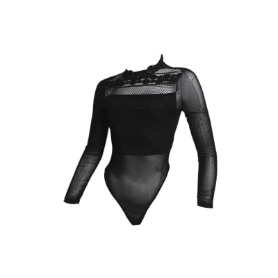 Body manga larga de malla y encaje color negro para mujer - Pack 3 unidades