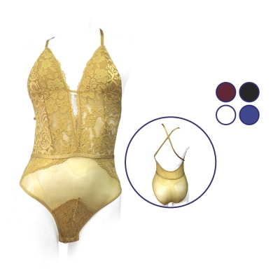 Body clásico sexy de encaje y malla delantera para mujer - Pack 3 unidades