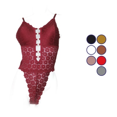 Body clásico sexy de encaje con abertura y argollas delanteras para mujer - Pack 3 unidades