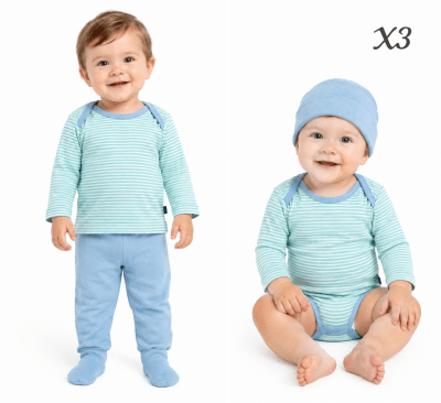 Conjunto ajuar algodón manga larga 3 piezas celeste para bebés - Pack 4 conjuntos