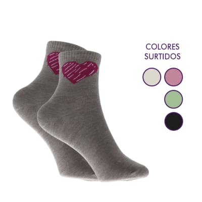 Calcetas media caña de algodón diseño corazón para mujer - Pack 12 unidades