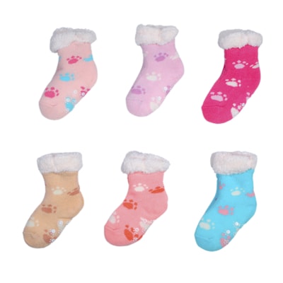 Calceta antideslizantes estampado huellas para niñas - Pack 12 unidades