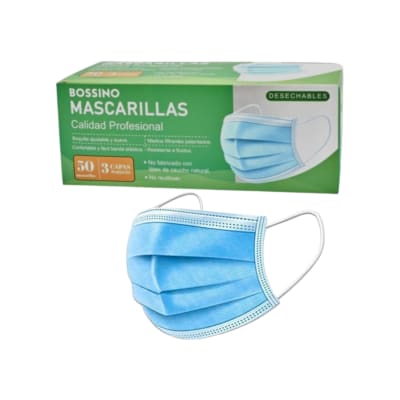 MASCARILLAS MARCA BOSSINO DE 3 CAPAS COLOR CELESTE  CAJA DE 50 UNIDADES