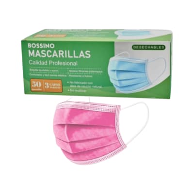 MASCARILLAS  BOSSINO DE 3 CAPAS EN COLOR ROSADO CAJA DE 50 UNIDADES