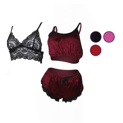 Pijama Sexy De Satín Tres Piezas En Color Liso Para Mujer - Pack 6 Unidades