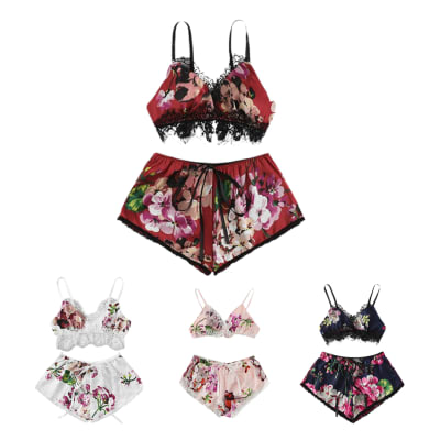 Pijama conjunto 2 piezas satén estampado floral encaje negro para mujer - Pack 6 unidades