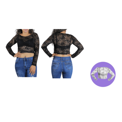 Poleras corta de malla y encaje negro y blanco para mujer - Pack 3 unidades