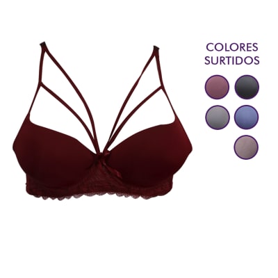 Sostén copa B color liso y tiras cruzadas para mujer - Pack 12 unidades