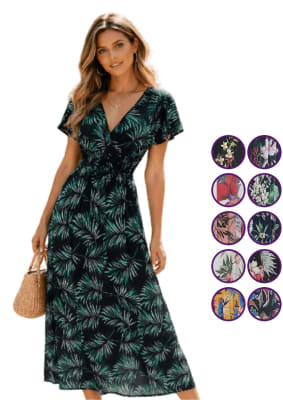 Vestidos largo de flores cuello V y pliegues en cintura para mujer - Pack 6 unidades