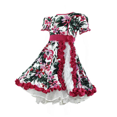 Vestido De Huasa Fucsia Manga Corta Estampado Flores Para Niñas - Pack 1 Unidad