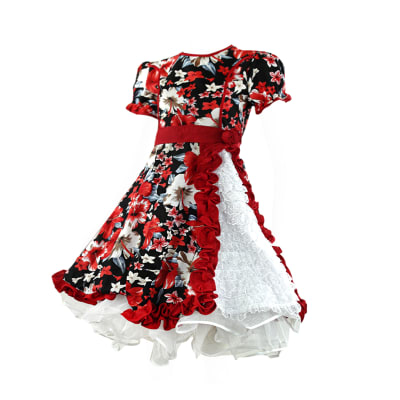 Vestido De Huasa China Manga Corta Estampado Flores Rojo Para Niña - Pack 1 Unidad1