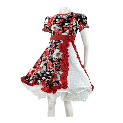 Vestido De Huasa Rojo China Manga Corta Estampado Flores Para Niña - Pack 1 Unidades