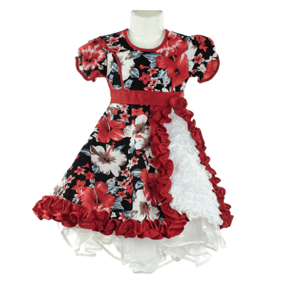 Vestido Rojo De Huasa China Manga Corta Estampado Flores Para Niña - Pack 1 Unidad1