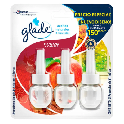 GLADE ELECTRICO 3 REPUESTOS 21ML C/U MANZANA Y CANELA