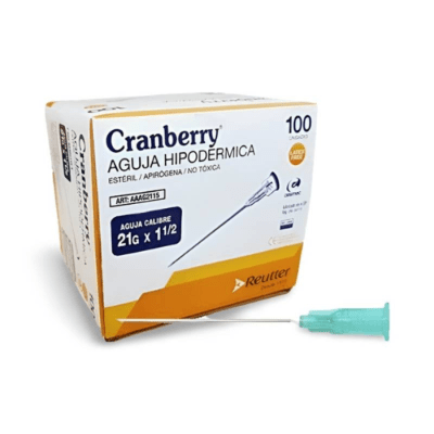 AGUJA HIPODÉRMICA 21G X 11/2 - 100 UNIDADES - MARCA CRANBERRY