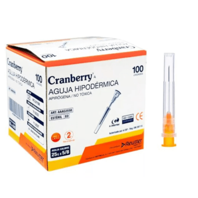 AGUJA HIPODÉRMICA 25G X 5/8 - 100 UNIDADES - MARCA CRANBERRY