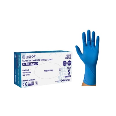 GUANTE NITRILO DE EXAMINACIÓN AZUL LARGO DE ALTO RIESGO - 100 UNIDADES - MARCA TRESOR1