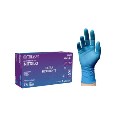 GUANTE NITRILO AZUL SIN POLVO EXTRA RESISTENTE - 100 UNIDADES - MARCA TRESOR