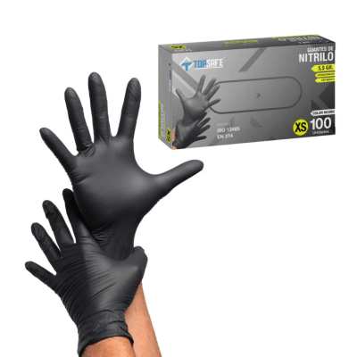 GUANTE NITRILO DE EXAMINACIÓN NEGRO 5.5 GR SIN POLVO - TALLA S - 100 UNIDADES - MARCA TOPSAFE