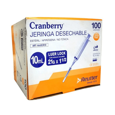 JERINGA 10CC LUER LOCK CON AGUJA 21G X 1 1/2 - 100 UNIDADES - MARCA CRANBERRY