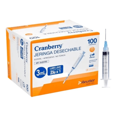 JERINGA 3CC LUER LOCK CON AGUJA 23G X 1 - 100 UNIDADES - MARCA CRANBERRY
