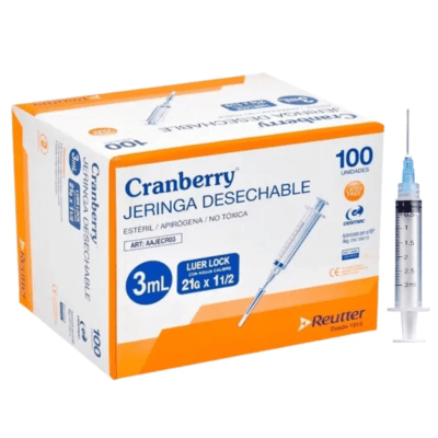 JERINGA 3CC LUER LOCK CON AGUJA 21G X 1 1/2 - 100 UNIDADES - MARCA CRANBERRY