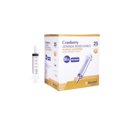 JERINGA 60CC SIN AGUJA PUNTA CATETER CRANBERRY 25 UNIDADES