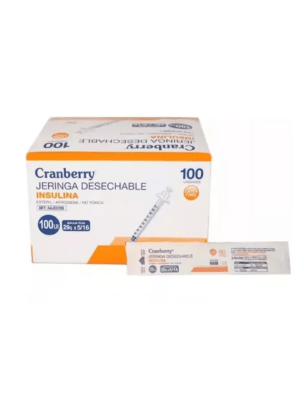 JERINGA INSULINA 1ML 29G X 5/16 (8MM) - 100 UNIDADES - MARCA CRANBERRY
