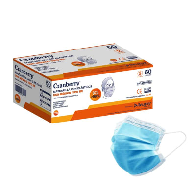 MASCARILLA 3 PLIEGUES CON ELÁSTICO USO MÉDICO - 50 UNIDADES - MARCA CRANBERRY