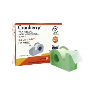 TELA ADHESIVA PAPEL MICROPOROSA 2.5 CM X 9 MT - 12 UNIDADES - MARCA CRANBERRY