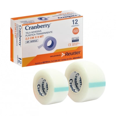 TELA ADHESIVA PLÁSTICA MACROPOROSA 2.5 CM X 9 MT - 12 UNIDADES - MARCA CRANBERRY1