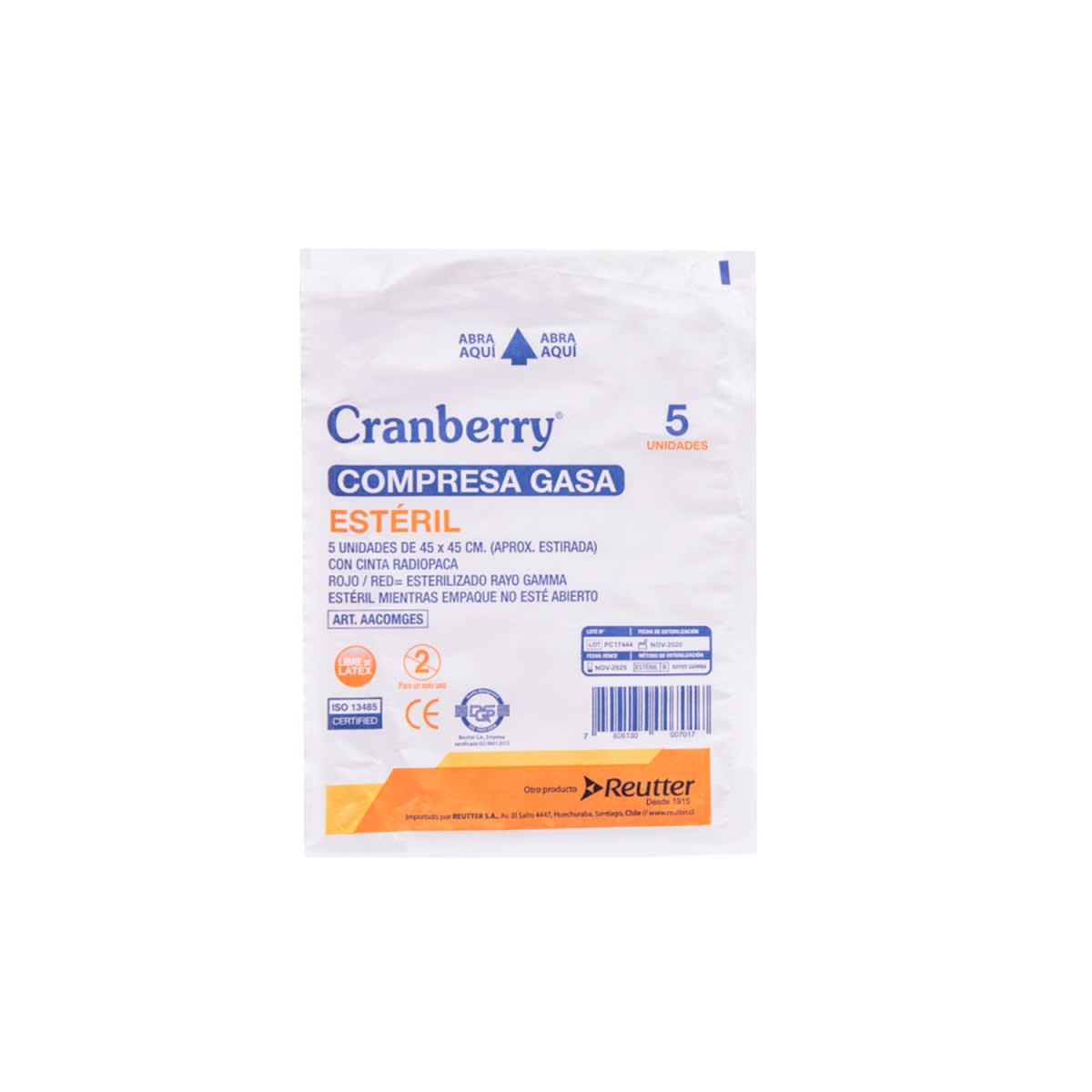 COMPRESA DE GASA ESTÉRIL 45X45 CM HILO AZUL RADIOPACO - 5 UNIDADES - MARCA CRANBERRY2