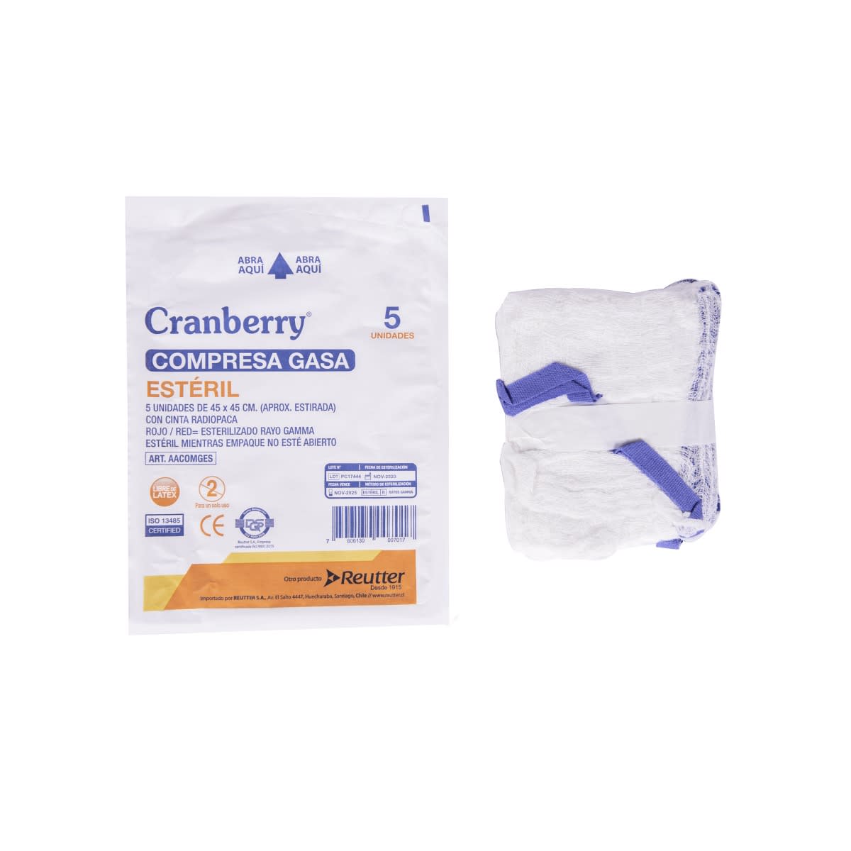 COMPRESA DE GASA ESTÉRIL 45X45 CM HILO AZUL RADIOPACO - 5 UNIDADES - MARCA CRANBERRY 0