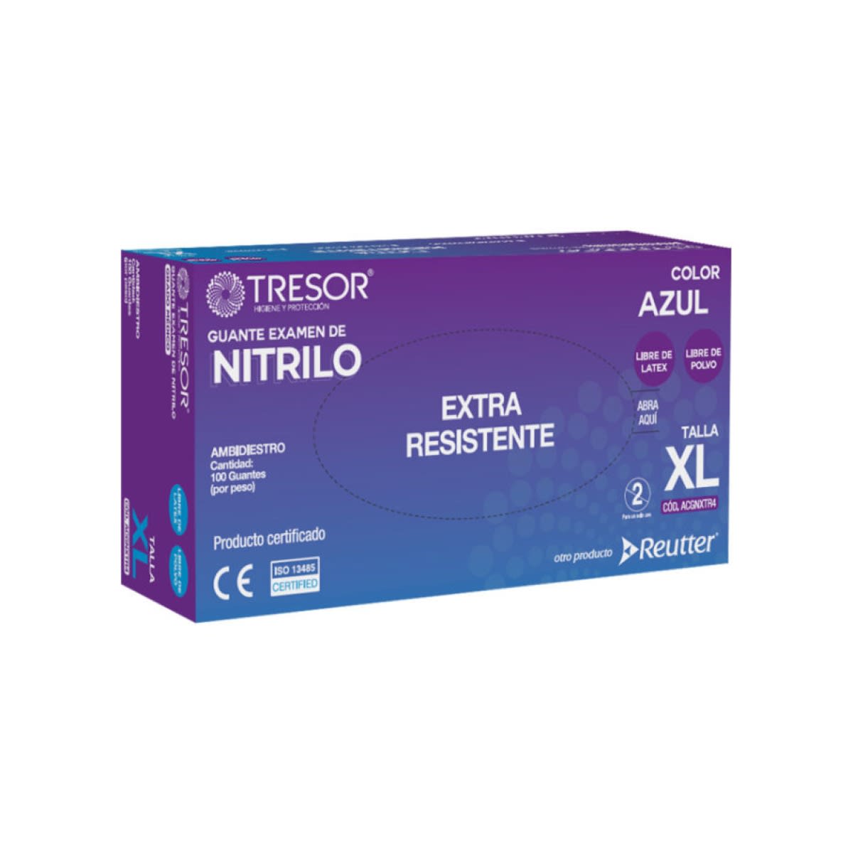 GUANTE NITRILO AZUL SIN POLVO EXTRA RESISTENTE - 100 UNIDADES - MARCA TRESOR2