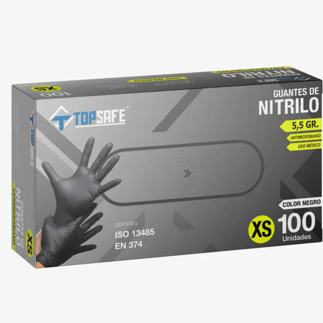 GUANTE NITRILO DE EXAMINACIÓN NEGRO 5.5 GR SIN POLVO - TALLA S - 100 UNIDADES - MARCA TOPSAFE2
