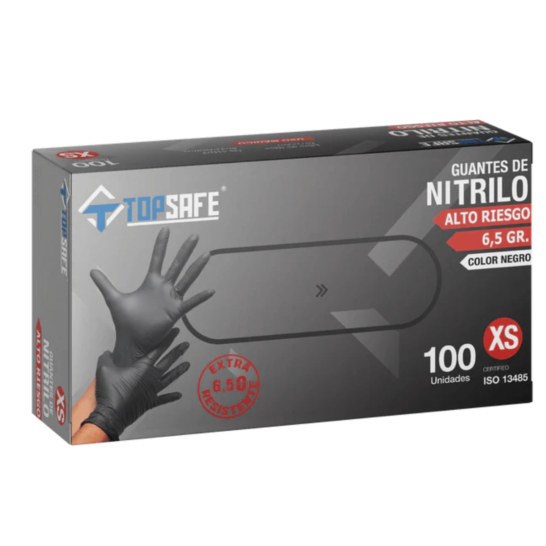 GUANTE NITRILO NEGRO 6.5 GR - TALLA M - 100 UNIDADES - MARCA TOPSAFE2