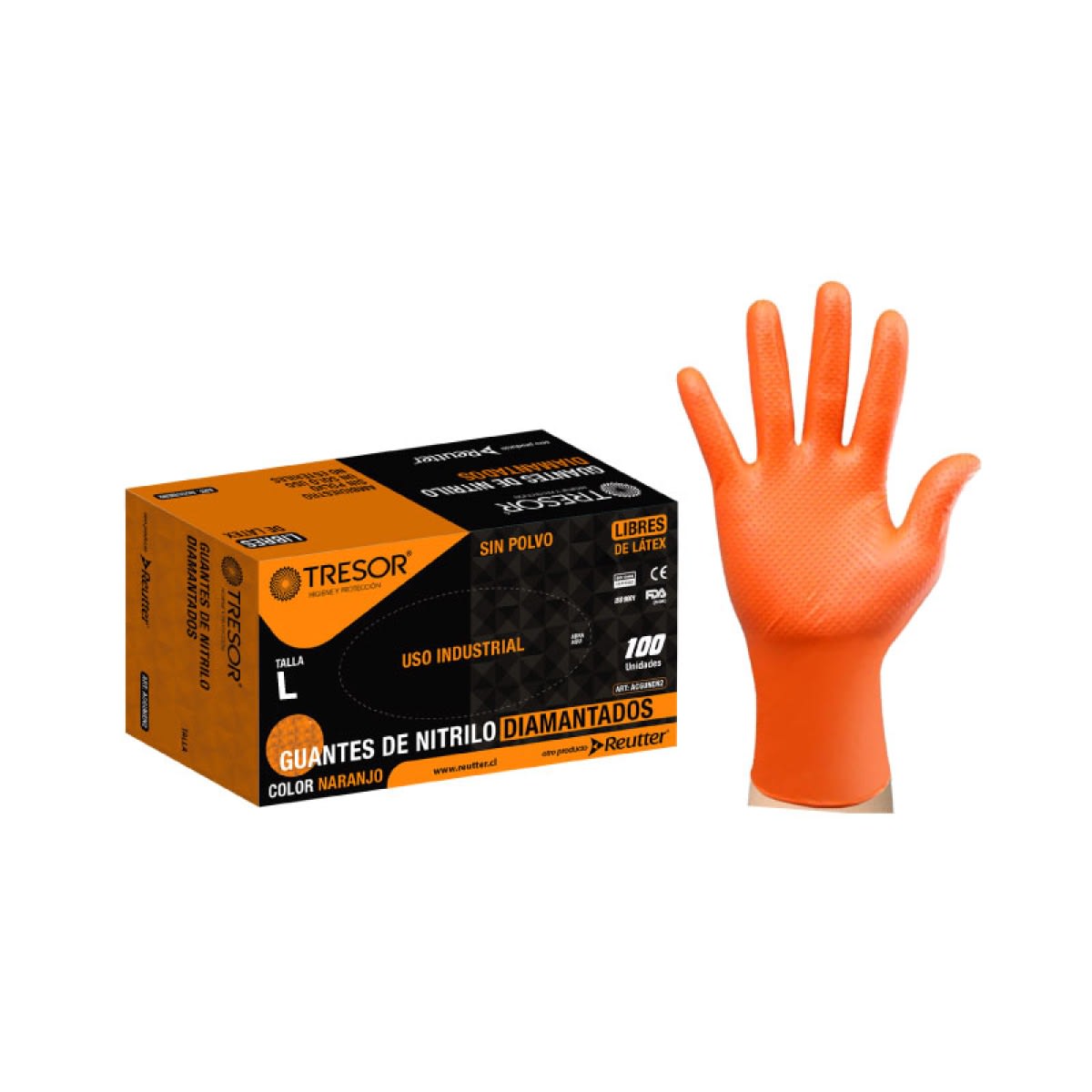 GUANTE NITRILO DIAMANTADO NARANJO 8.0 GR - 100 UNIDADES -  MARCA TRESOR 0