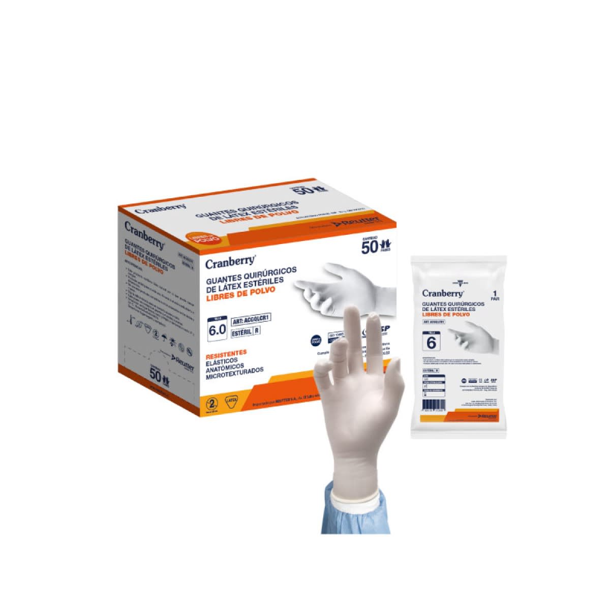 GUANTE QUIRÚRGICO DE LÁTEX ESTÉRIL LIBRE DE POLVO - CAJA 50 PARES - MARCA CRANBERRY 0