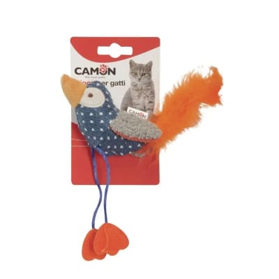 JUGUETE GATO PAJARO EMPLUMADO CON HIERBA GATERA