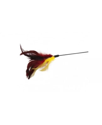 JUGUETE GATO PLUMAS ROJAS Y AMARILLAS CON VARILLA