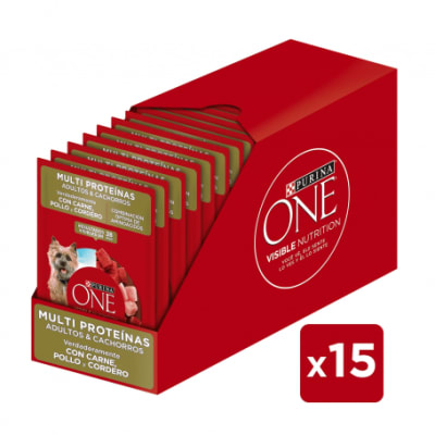 CAJA SACHETS PURINA ONE PERROS ADULTOS Y CACHORROS MULTI PROTEINA 15X85 GR