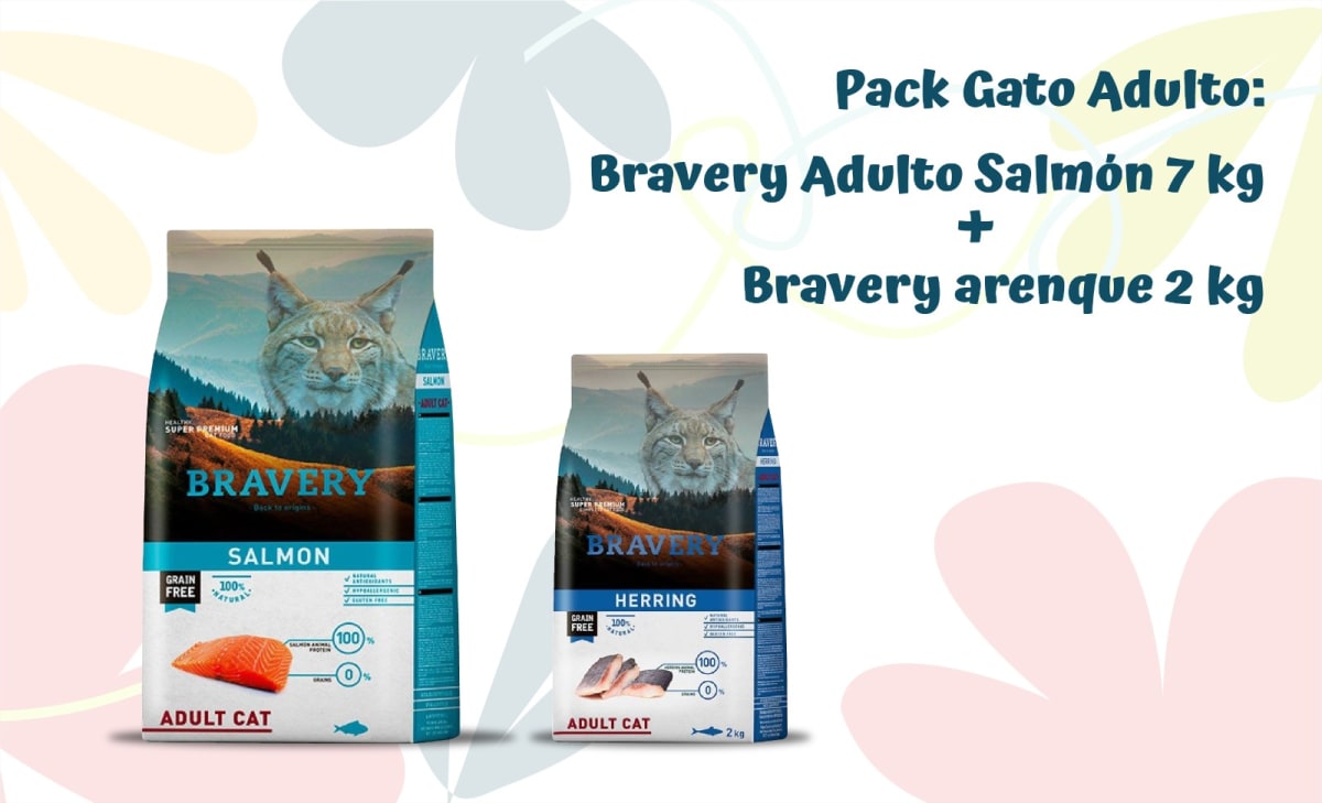 BRAVERY GATO ADULTO SALMON 7 KG + BRAVERY ARENQUE GATO 2 KG - PACK 2 UNIDADES1