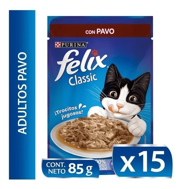 CAJA FELIX GATO SACHET PAVO 85 GR X 15 UN1